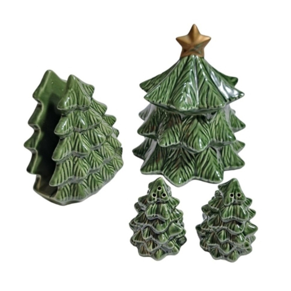 Vintage Ceramic Christmas Tree 4pc Set Green Leaf Pattern Napkin Holder Salt